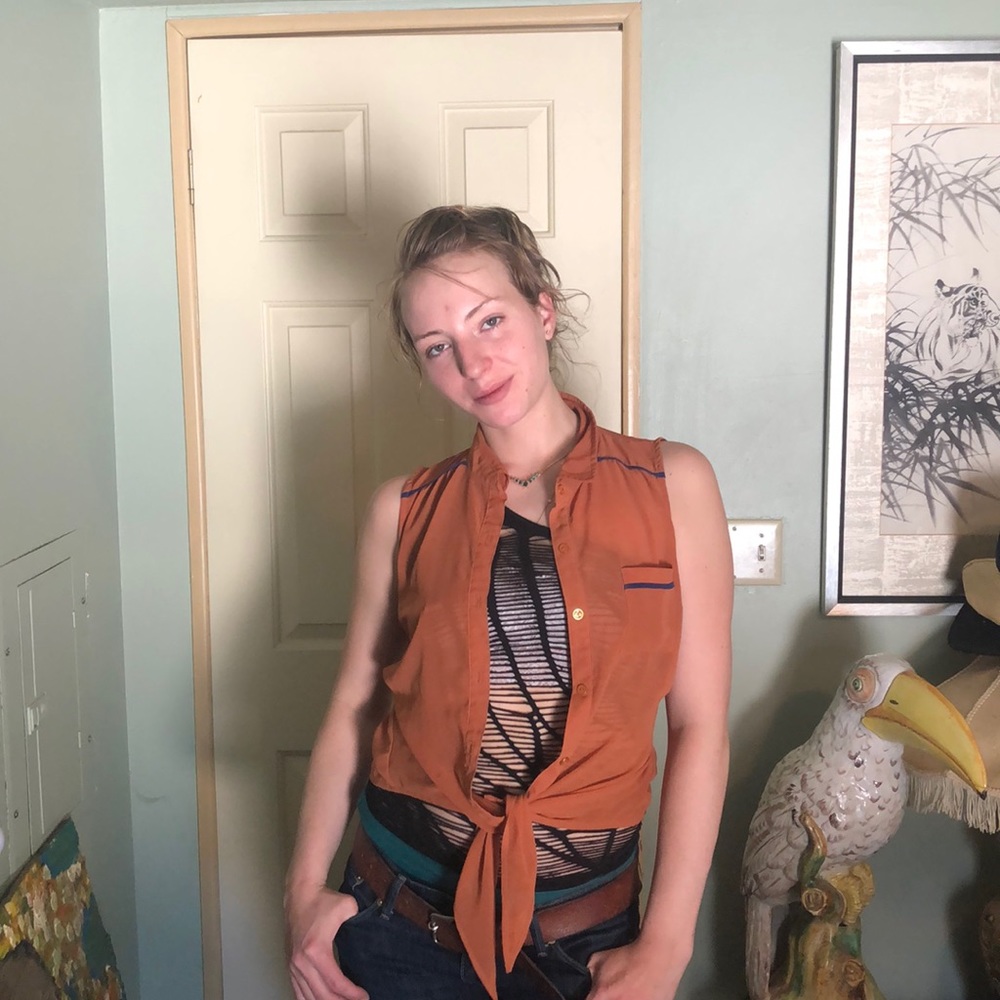 Beautiful burnt orange navy blue sheer top
